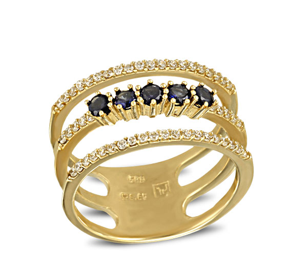 Ring in yellow gold, with an impressive design, three rows of brilliants and one row of semi-precious sapphires.